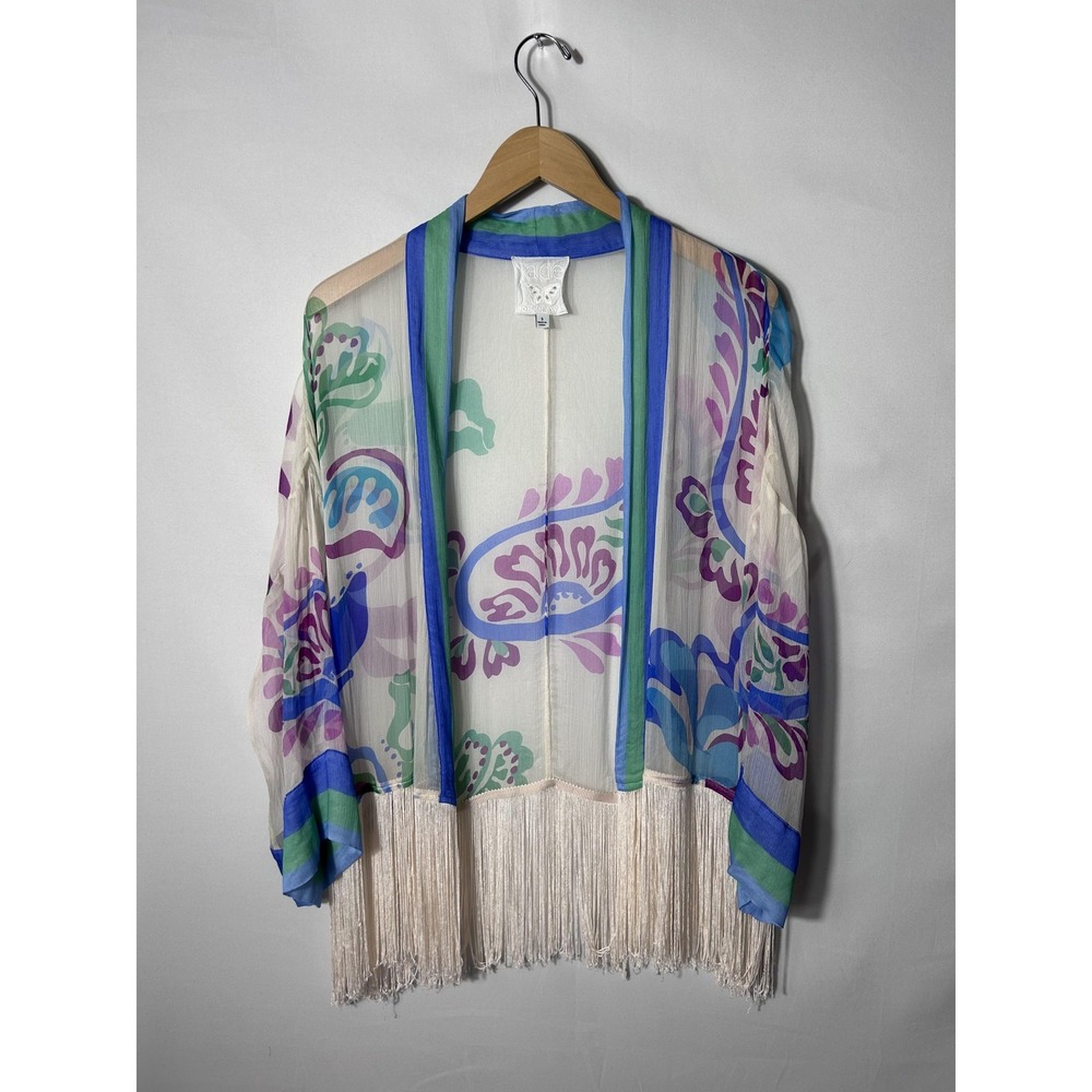 Johnny Was Jade Kimono Blouse Womens Small Multicolor Silk Paisley Fringe Boho